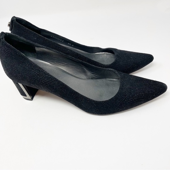 Stuart Weitzman 6.5M Block Heel Black Sparkly Pointy Toe Shoes - Picture 3 of 12